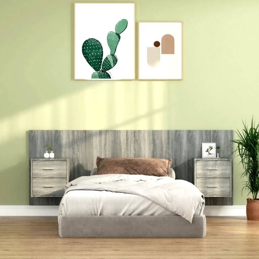 The Living Store Hoofdbord Nachtkastjes 120x80 cm Grijs Sonoma eiken Stevig materiaal Wandmontage ontwerp Opbergruimte Montage vereist