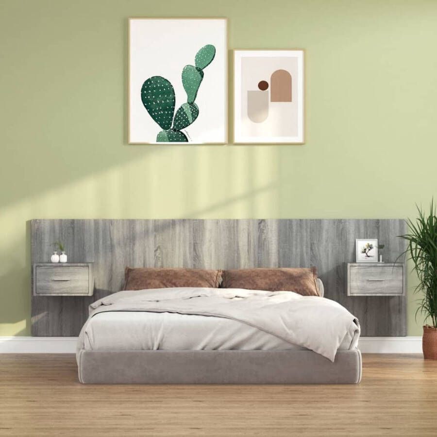 The Living Store Hoofdbord Nachtkastjes 160x1.5x80 cm Grijs Sonoma Eiken Stevig materiaal wandmontage opbergruimte