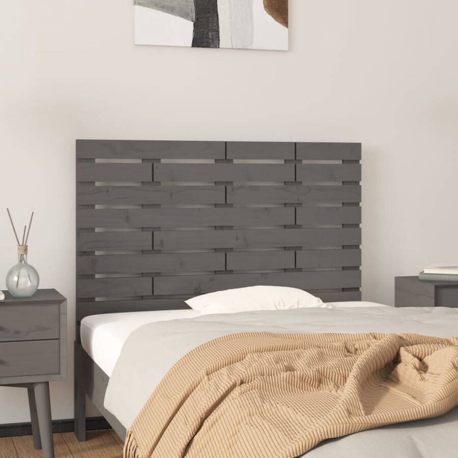 The Living Store Hoofdbord wandmontage 106x3x63 cm massief grenenhout grijs Bedonderdeel
