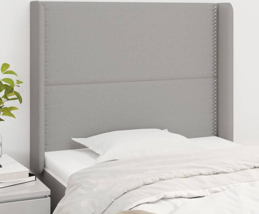 The Living Store Hoofdeind Bedombouw 93x16x118 128 cm Lichtgrijs Polyester stof Houten poten Verstelbare hoogte Hoofd Bord Hoofdkussen Beddecoratie Slaapkamer Meubilair Grijs Hoofdbord
