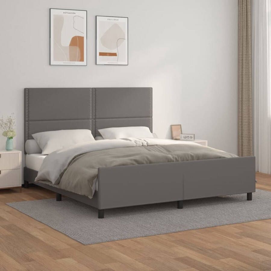 The Living Store Hoofdeinde Gray Kunstleer Bedframe Verstelbare Hoogte Multiplex Lattenbodem 203 x 166 x 118 128 cm