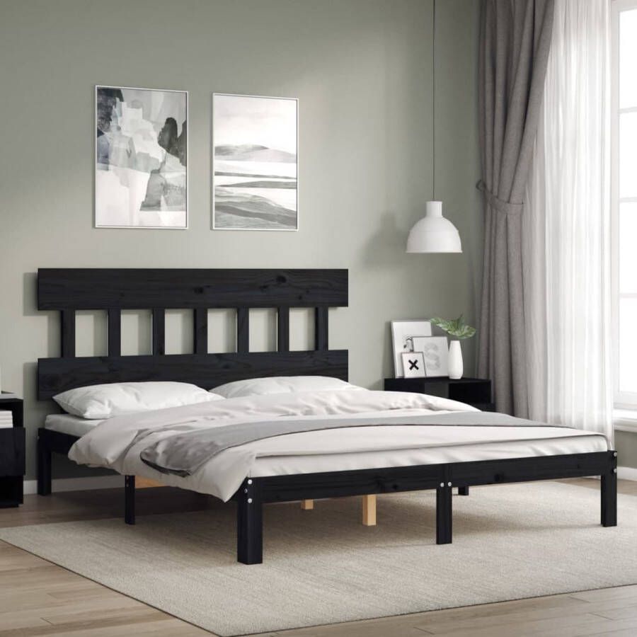 The Living Store Houten Bed Massief Grenenhout King Size (150 x 200 cm) Zwart