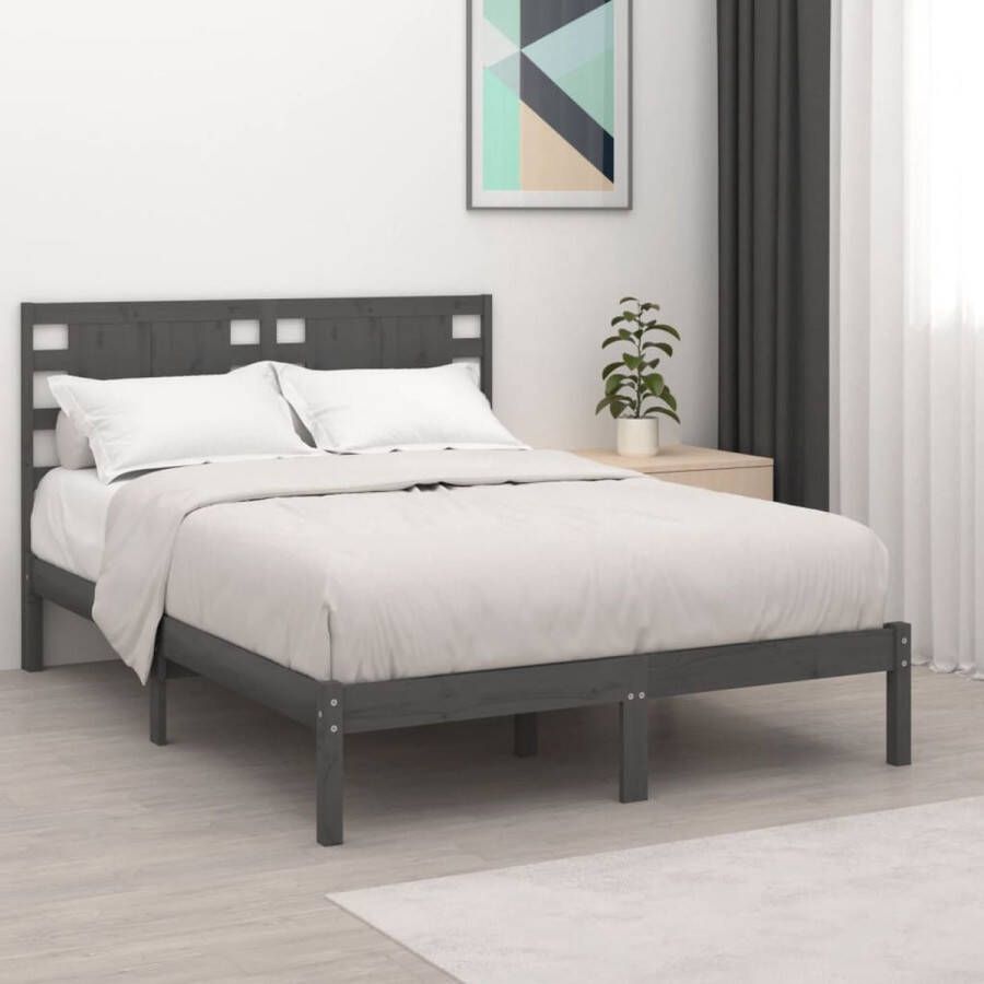 The Living Store Houten Bedframe 140 x 190 cm Grijs Massief Grenenhout