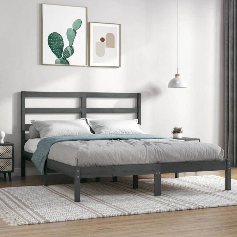 The Living Store houten bedframe 150 x 200 cm grijs massief grenenhout multiplex lattenbodem