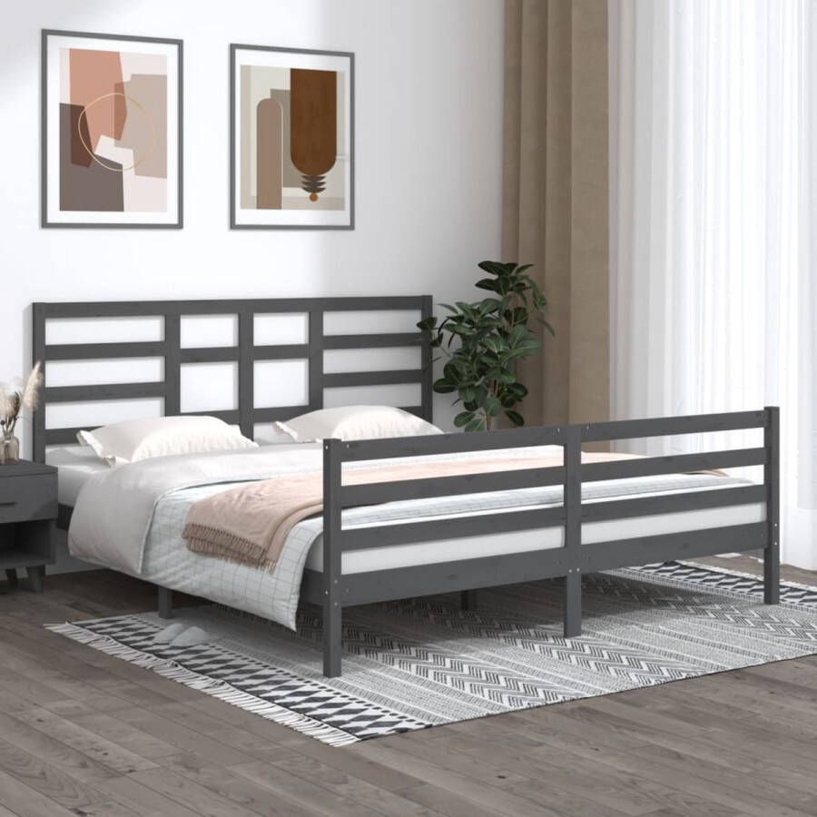 The Living Store Houten bedframe 180 x 200 cm Grijs Massief grenenhout Multiplex lattenbodem