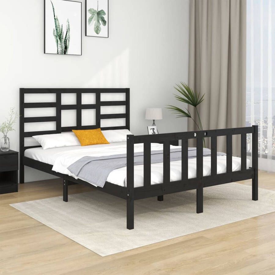 The Living Store Bedframe massief hout zwart 140x190 cm Bedframe Bedframes Bed Bedbodem Ledikant Bed Frame Massief Houten Bedframe Slaapmeubel Tweepersoonsbed Bedden Bedbodems - Foto 2