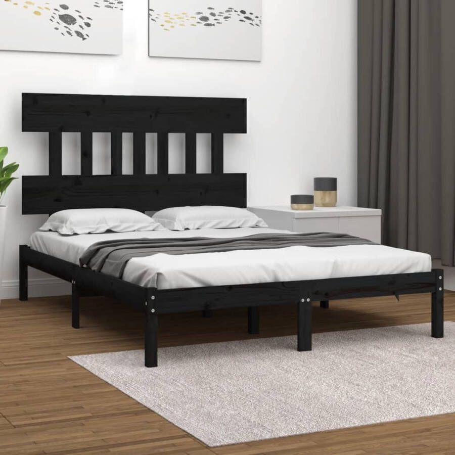 The Living Store Houten Bedframe 205.5 x 155.5 x 31 cm Massief grenenhout Zwart Houten Bedframe Massief Grenenhout King Size Bed Bedframe Zwart Hoofdbord