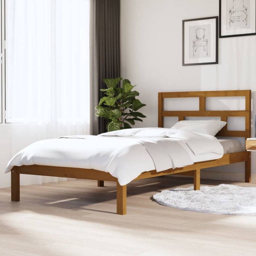 The Living Store Houten Bedframe 205.5 x 96 x 100 cm Grenenhout Multiplex lattenbodem 90 x 200 cm matras Honingbruin