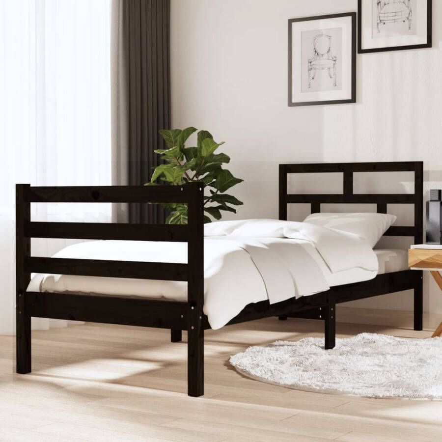 The Living Store Houten Bedframe 75x190 cm Zwart Massief Grenenhout Stevige Lattenbodem