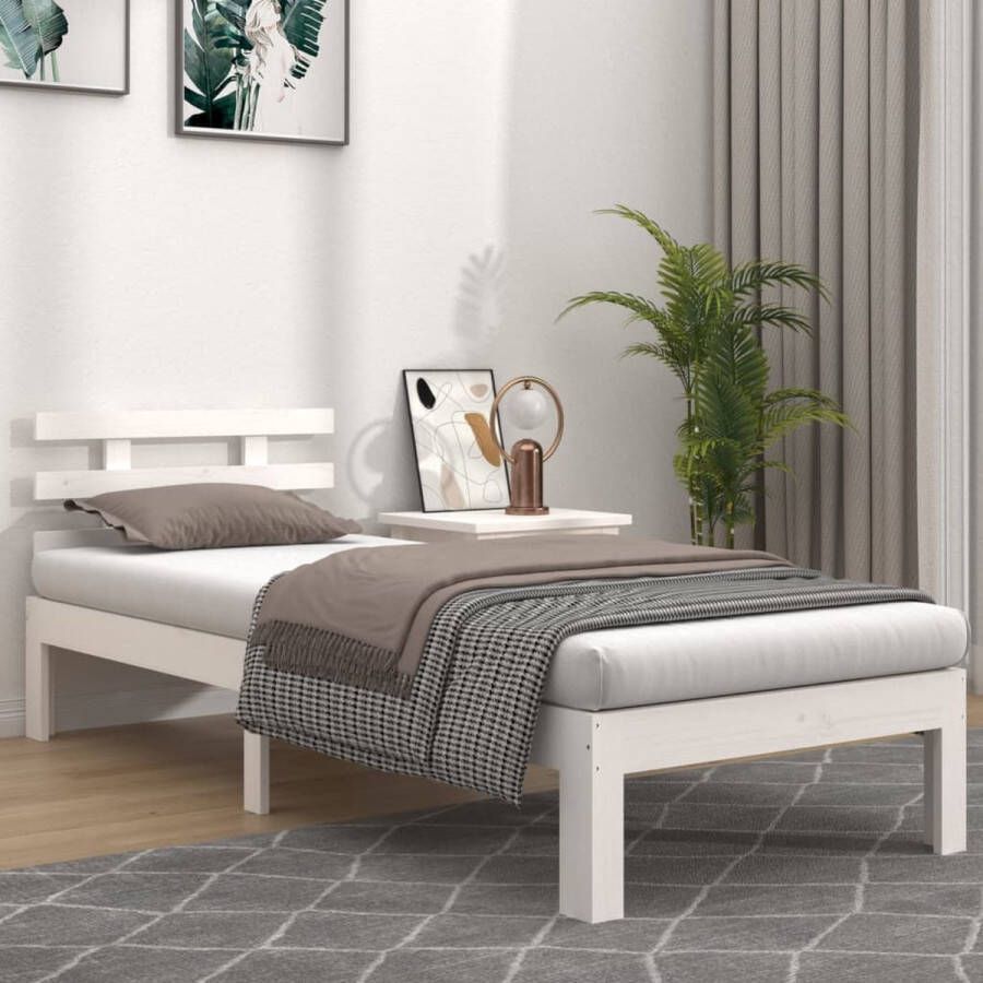 The Living Store Houten Bedframe Eenpersoonsbed 195.5 x 93.5 x 69.5 cm Hoogwaardig massief grenenhout Stabiel en comfortabel Wit Montage vereist Geschikt voor matras van 90 x 190 cm (niet inbegrepen)