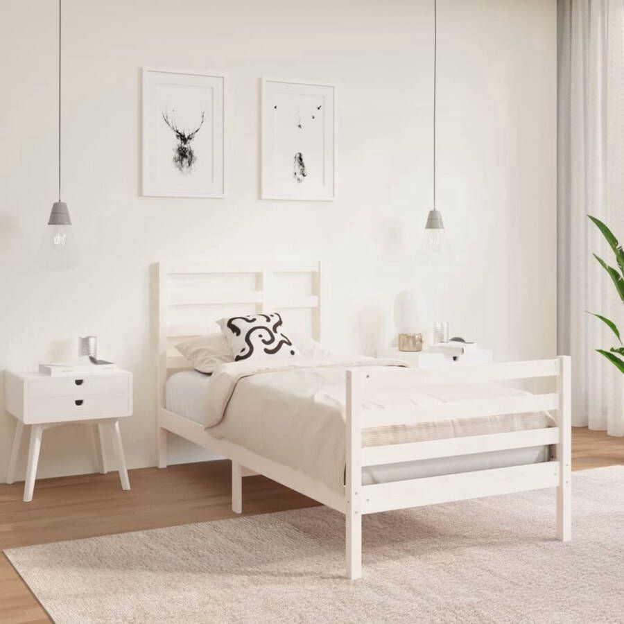 The Living Store Houten Bedframe eenpersoonsbed wit 195.5 x 96 x 104 cm massief grenenhout multiplex lattenbodem