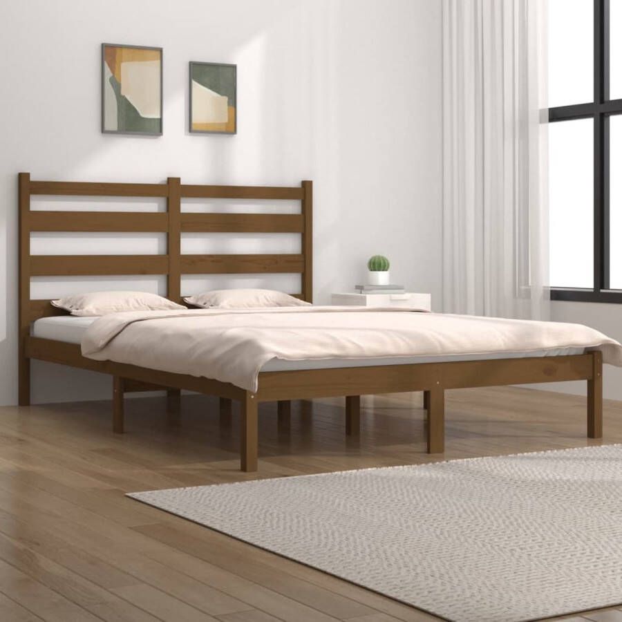 The Living Store Houten Bedframe Grenenhout 195.5 x 140.5 x 100 cm Honingbruin Geschikt voor 135 x 190 cm matras