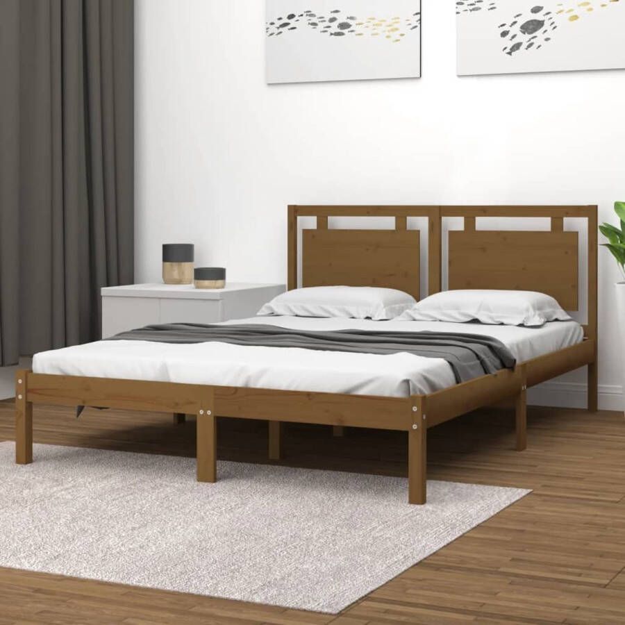 The Living Store Houten Bedframe Grenenhout Multiplex Lattenbodem 205.5 x 185.5 x 31 cm Honingbruin