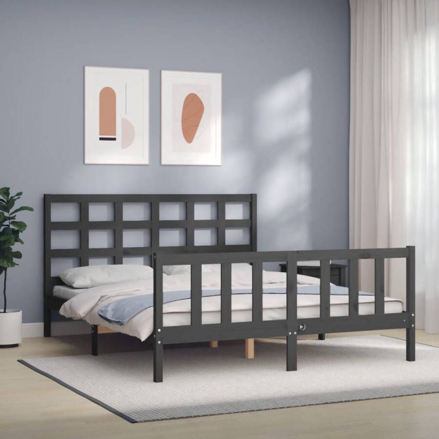 The Living Store Bed Massief Grenenhout Grijs 205.5 x 155.5 x 100 cm Multiplex lattenbodem Functioneel hoofd- en voeteneinde Matras niet inbegrepen Massief Grenenhouten Bed Grijs Bed King Size Bed Boxspring Bed Tweepersoonsbed - Foto 2