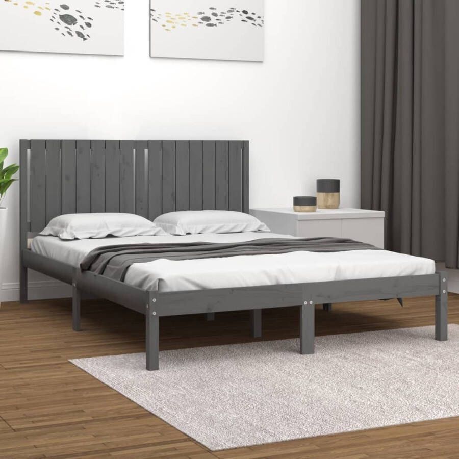 The Living Store Houten Bedframe Grijs 205.5 x 155.5 x 31 cm Massief Grenenhout