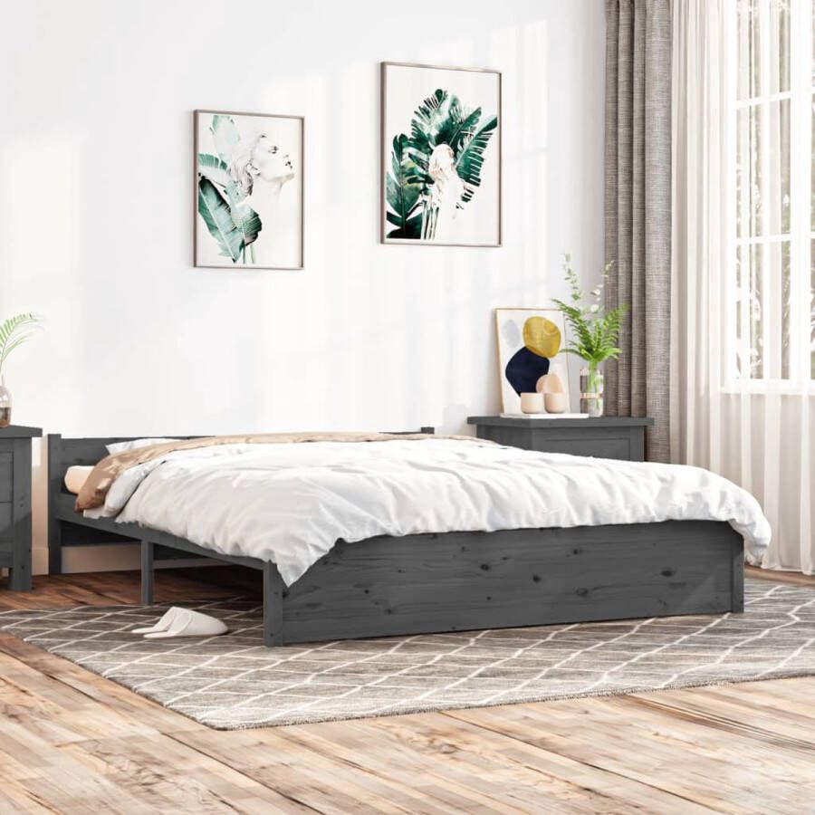 The Living Store Houten Bedframe Grijs 205.5 x 155.5 x 51 cm Massief Grenenhout Multiplex lattenbodem