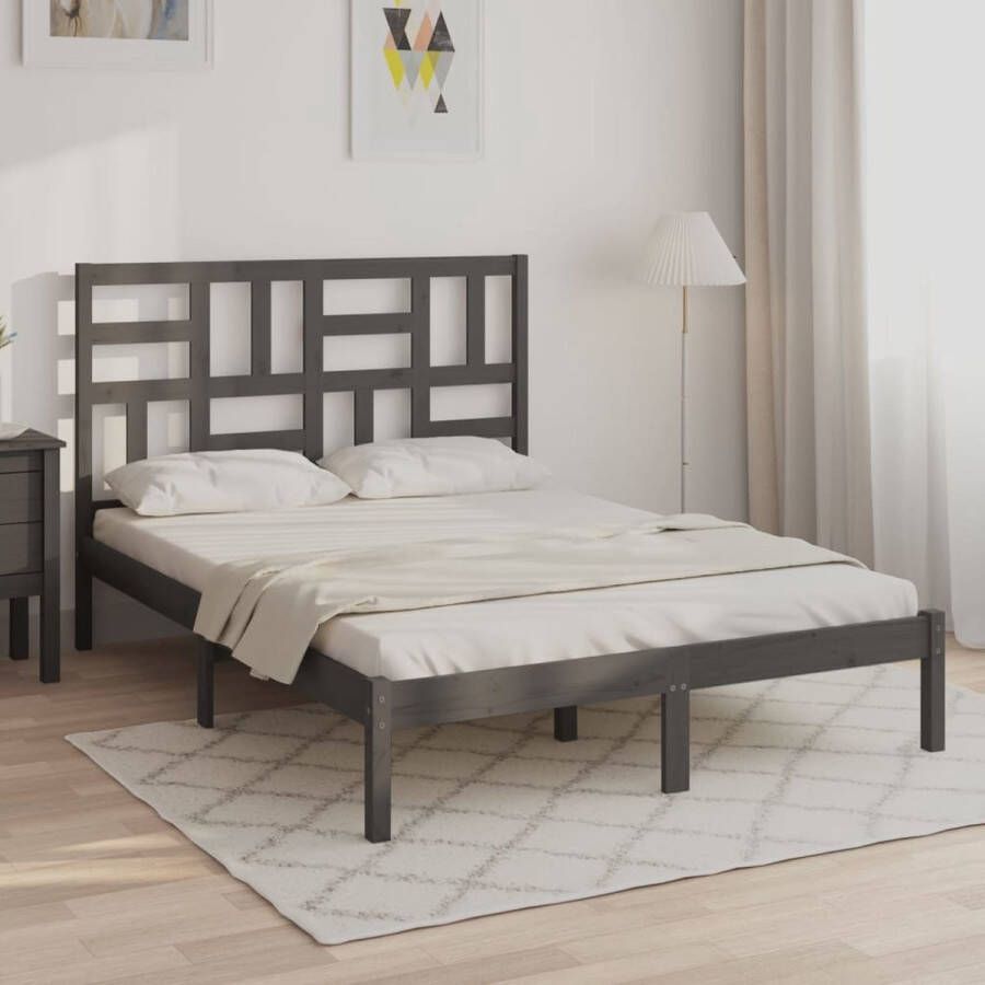 The Living Store Houten Bedframe Grijs 205.5 x 166 x 104 cm Massief grenenhout Multiplex lattenbodem