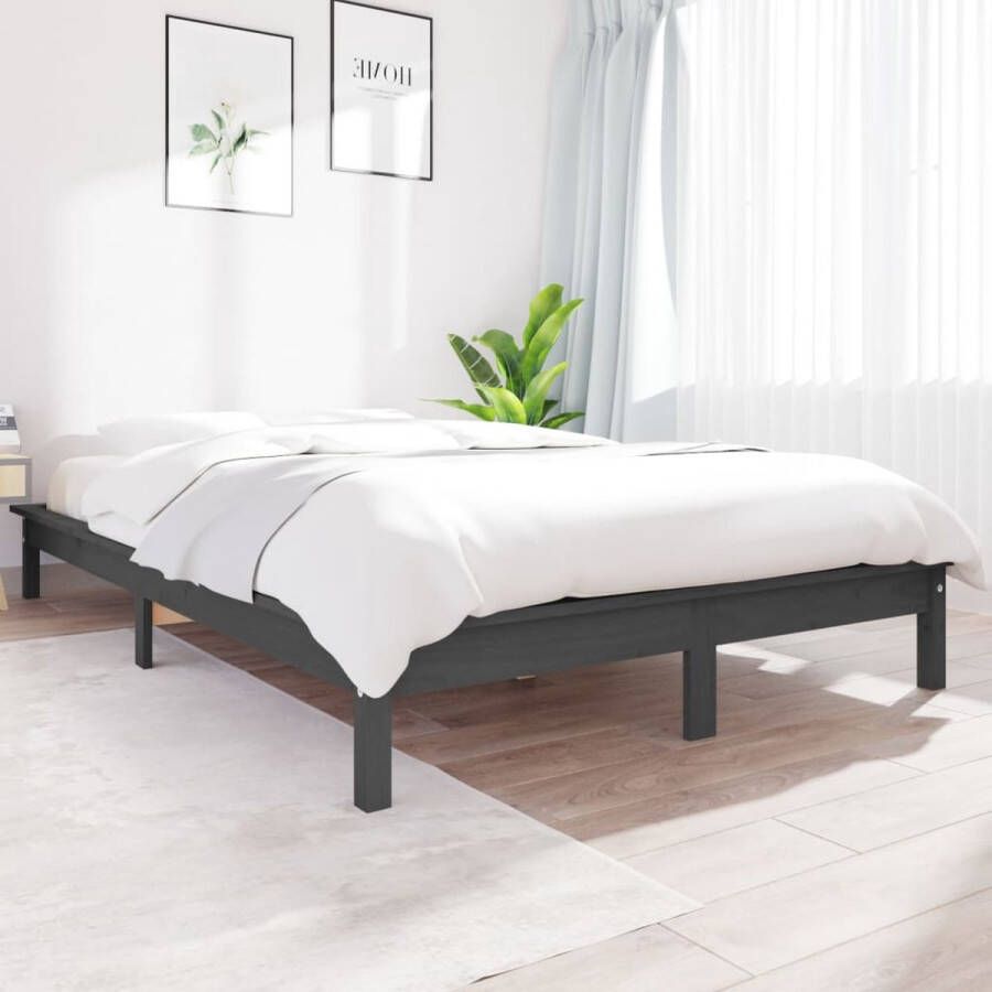 The Living Store Houten Bedframe Grijs 212 x 131.5 x 26 cm Massief Grenenhout