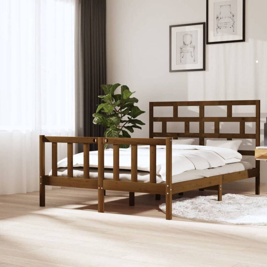 The Living Store Bedframe grenenhout honingbruin 150x200 cm 5FT King Size Bedframe Bedframes Bed Bedbodem Ledikant Bed Frame Massief Houten Bedframe Slaapmeubel Tweepersoonsbed Bedden Bedbodems