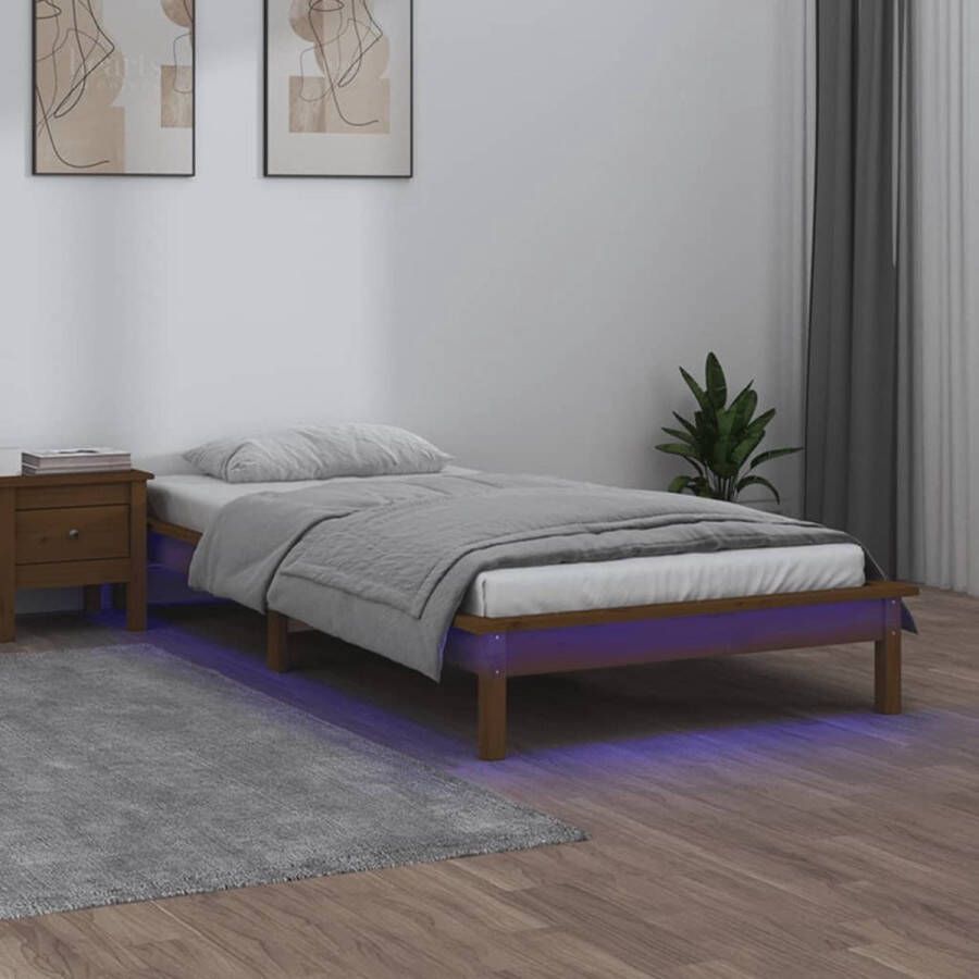 The Living Store houten bedframe LED-verlichting 90 x 200 cm honingbruin