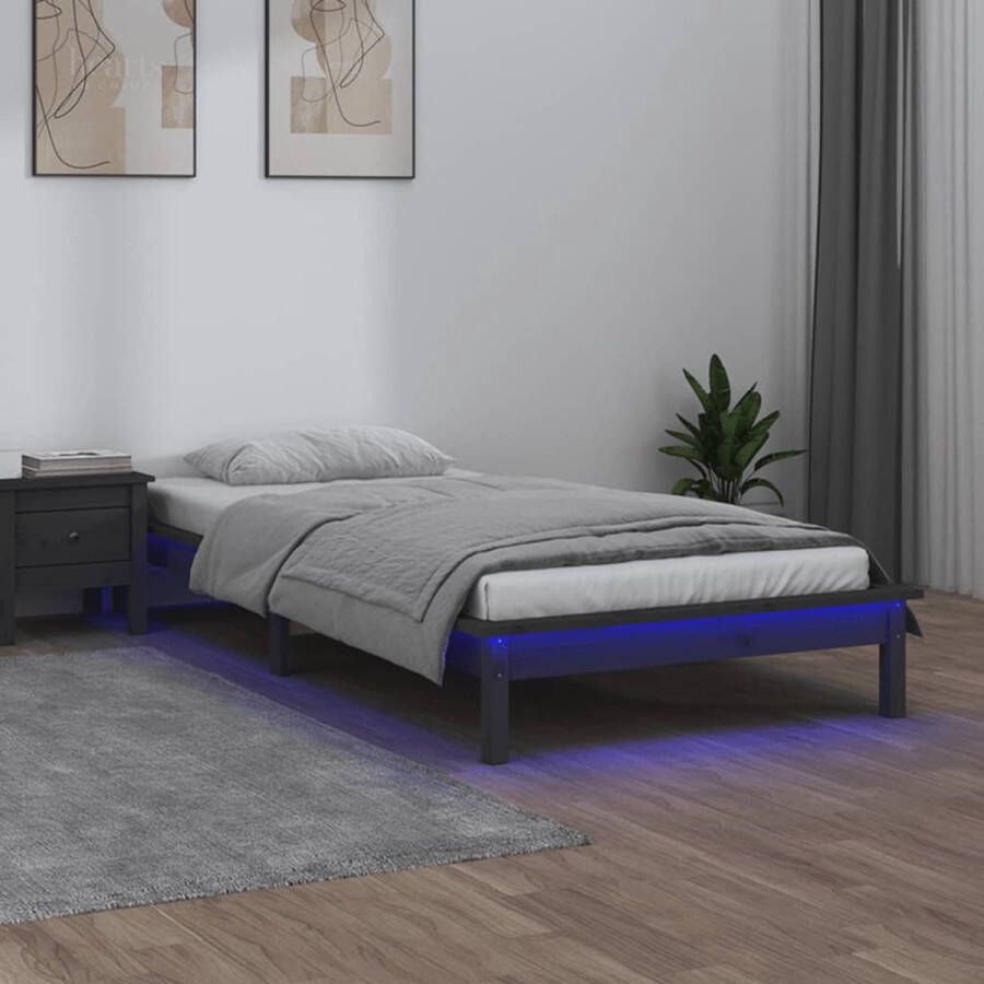 The Living Store Houten Bedframe LED-verlichting Grijs 202 x 101.5 x 26 cm Massief Grenenhout Geschikt voor 90 x 190 cm matras