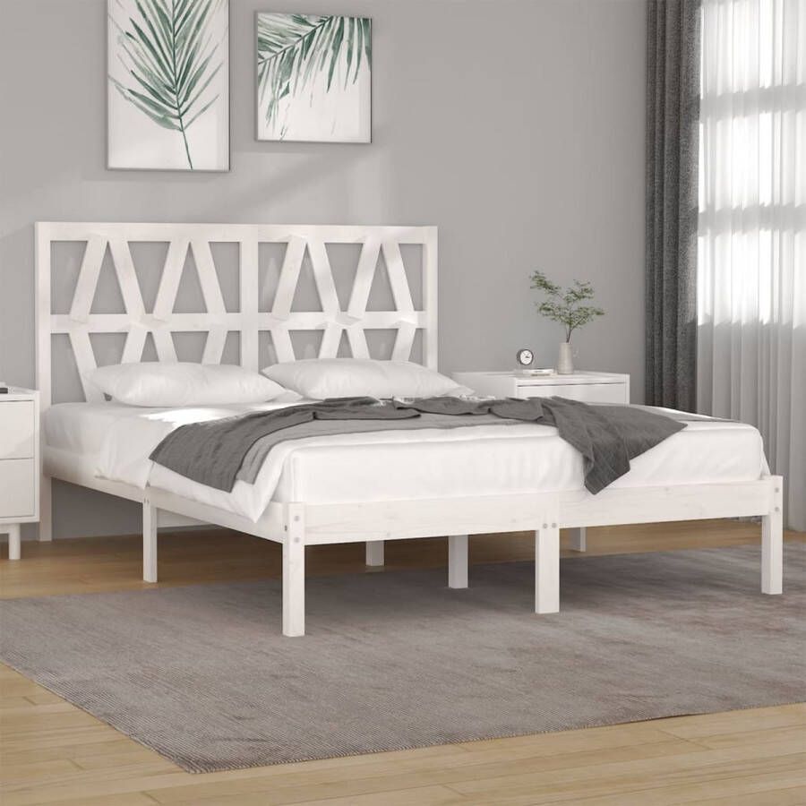 The Living Store Houten Bedframe Massief Grenen Wit 205.5 x 145.5 x 31 cm Inclusief Hoofdeind Geschikt voor 140 x 200 cm Matras