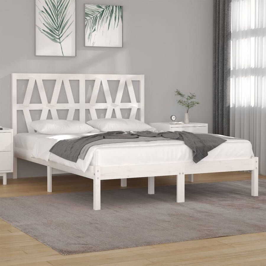 The Living Store Houten Bedframe Massief grenenhout 205.5 x 155.5 x 31 cm Wit Houten Bedframe Grenenhout Bedframe King Size Bedframe Wit Bedframe Met Hoofdbord