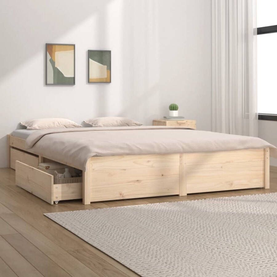 The Living Store Houten Bedframe Massief grenenhout 205.5 x 205.5 cm Met opbergfunctie Houten Bed Frame Massief Grenenhout Bed Met Opberglades Tweepersoons Bed Boxspring Bed - Foto 2