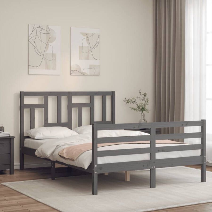 The Living Store Houten Bedframe Massief Grenenhout Grijs 195.5 x 125.5 x 100 cm Multiplex Lattenbodem