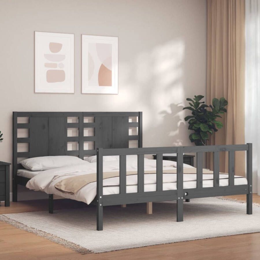 The Living Store Bedframe met hoofdbord massief hout grijs 5 FT King Size Bedframe Bedframes Bed Tweepersoonsbed Slaapkamermeubel Houten Bedframe Houten Bed Bedbodem Massief Houten Bedframe Ledikant Bedframe Met Hoofdeinde - Foto 5