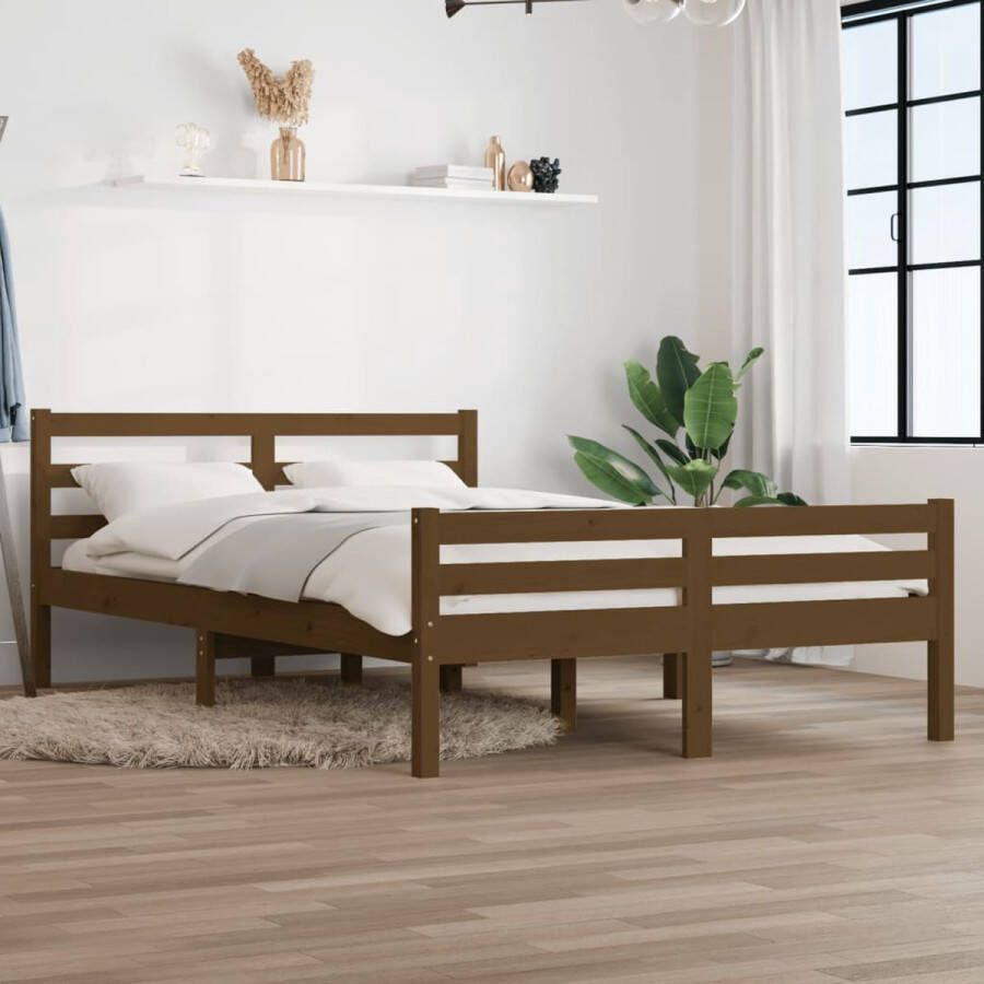 The Living Store Houten Bedframe Modern Bedroom Bedframe Afmeting- 195.5 x 145.5 x 69.5 cm Ken- Hoogwaardig massief grenenhout Kleur- Honingbruin
