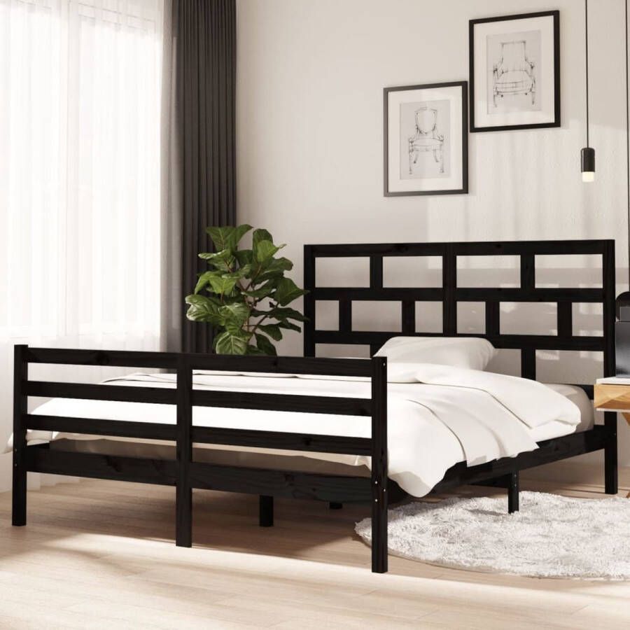 The Living Store Houten bedframe Modern Slaapkamer Afmeting- 205.5 x 166 x 100 cm Ken- Massief grenenhout Kleur- Zwart