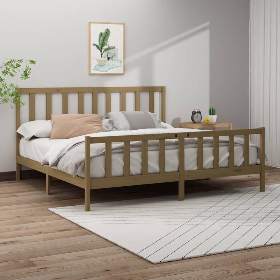 The Living Store Houten Bedframe Modern Slaapkamer Afmeting- 205.5 x 206 x 69.5 cm Ken- Honingbruin Stevig en Stabiel Houten Bedframe Modern Bedframe Met Hoofdeinde Grenenhout Bedframe Bruine Bedframe