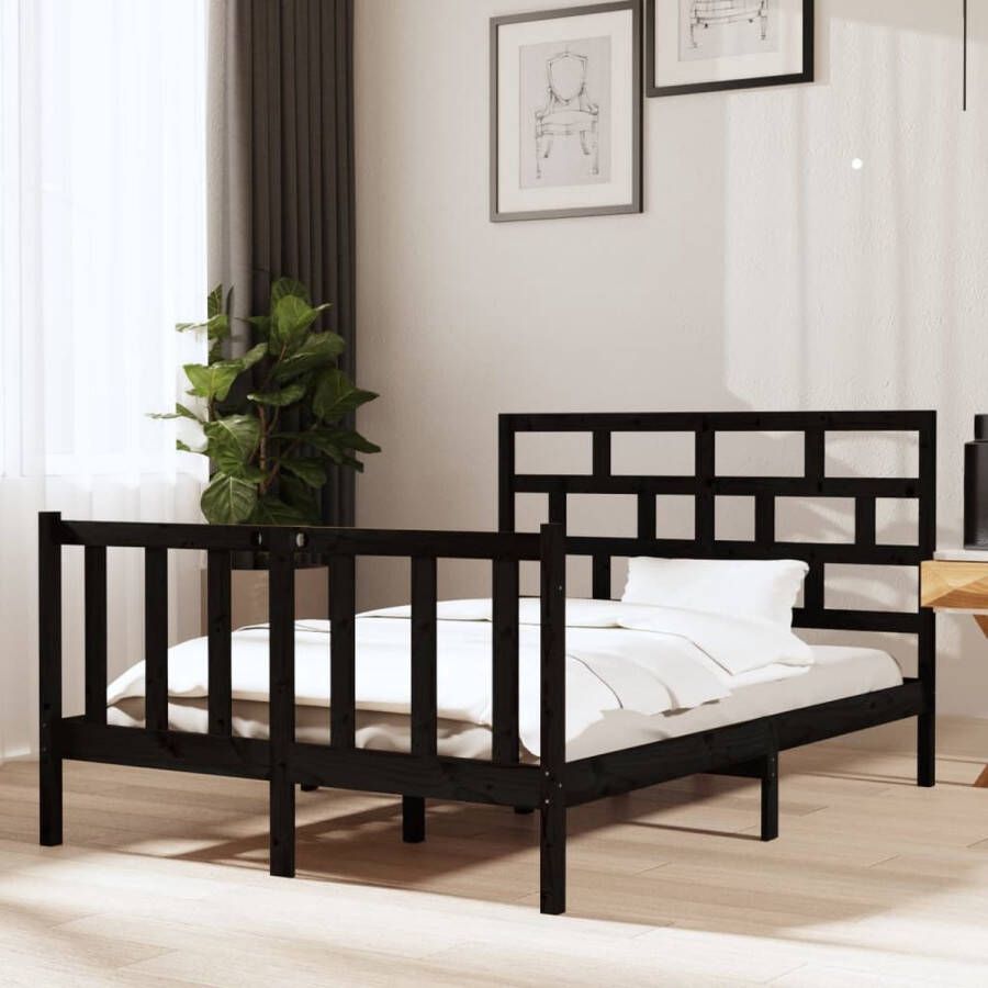 The Living Store Bedframe massief grenenhout zwart 140x190 cm Bedframe Bedframes Bed Bedbodem Ledikant Bed Frame Massief Houten Bedframe Slaapmeubel Tweepersoonsbed Bedden Bedbodems - Foto 3