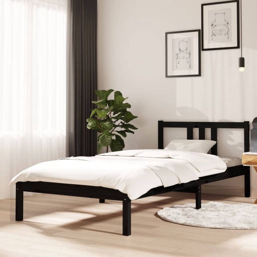 The Living Store Houten Bedframe naam Eenpersoonsbed 90 x 200 cm Massief grenenhout Zwart