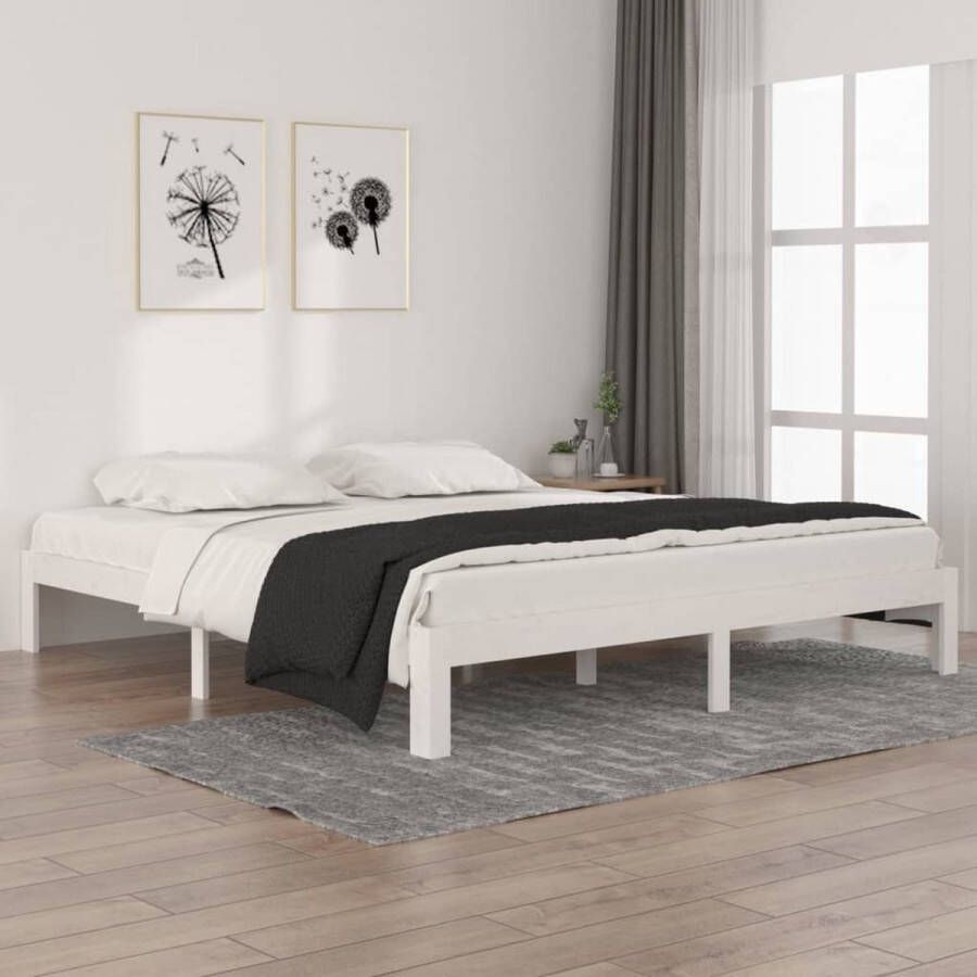 The Living Store Houten Bedframe Super King Wit Massief grenenhout 203.5 x 183.5 x 30 cm Stabiele lattenbodem