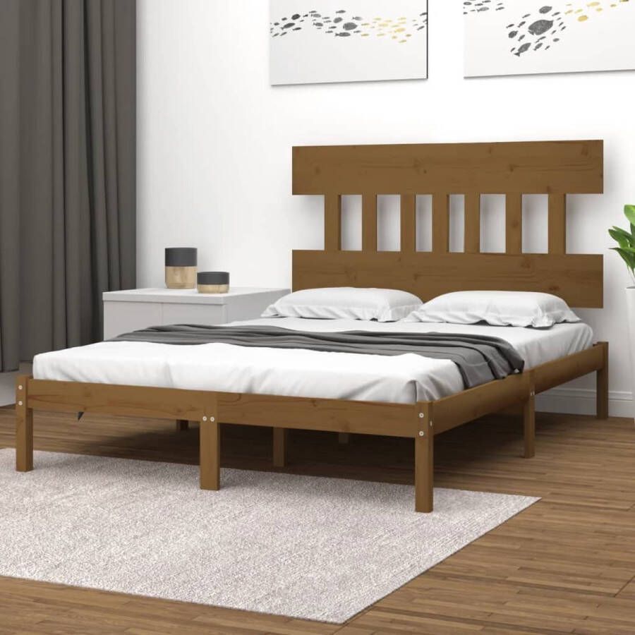 The Living Store Houten Bedframe Tijdloos Bed Afmeting- 205.5 x 205.5 x 31 cm Kleur- Honingbruin