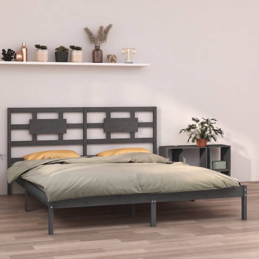The Living Store Bedframe massief hout grijs 200x200 cm Bedframe Bedframes Tweepersoonsbed Bed Bedombouw Dubbel Bed Frame Bed Frame Ledikant Bedframe Met Hoofdeinde Tweepersoonsbedden