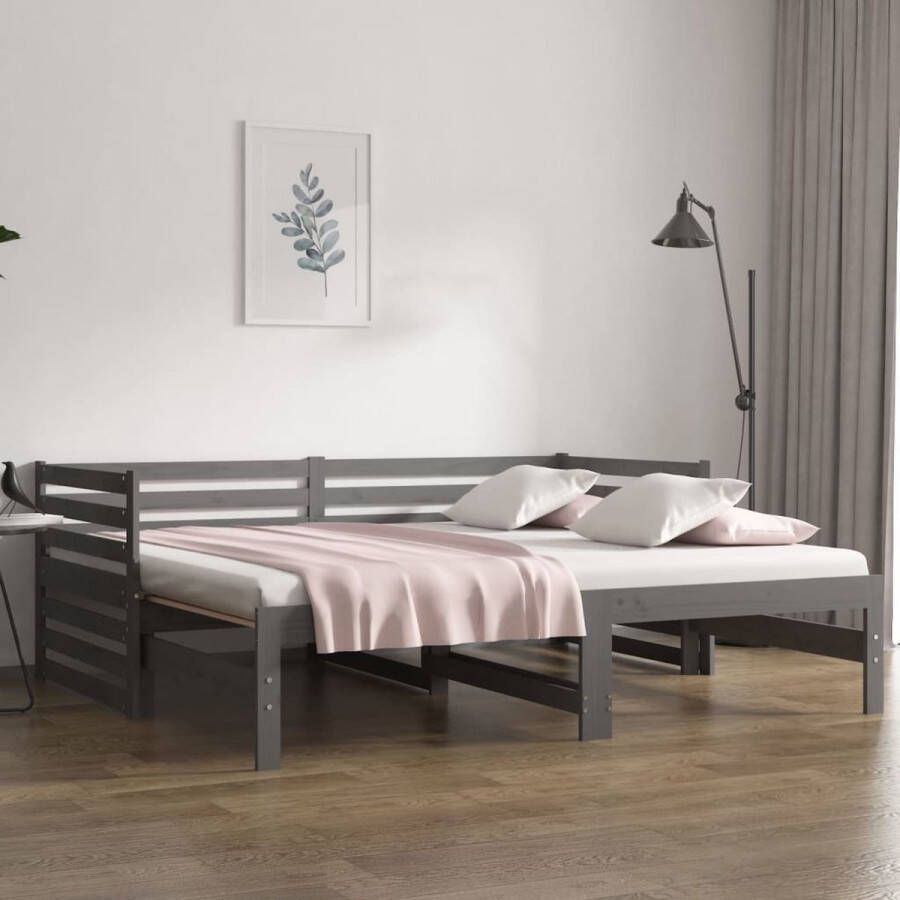 The Living Store Houten Slaapbank Logeerbed Massief grenenhout Uitschuifbaar Grijs 203.5 x 160 x 68.5 cm Geschikt voor 80 x 200 cm matras