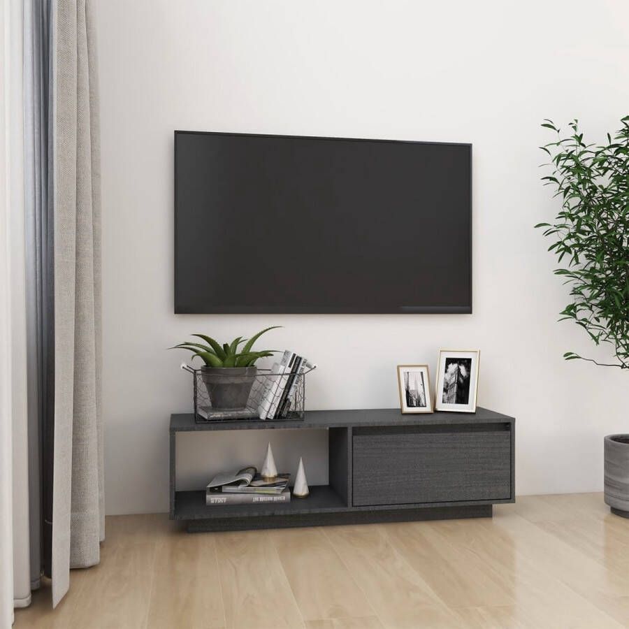 The Living Store Houten tv-meubel Grijs Grenenhout 110 x 30 x 33.5 cm Lades en opbergschappen - Foto 2