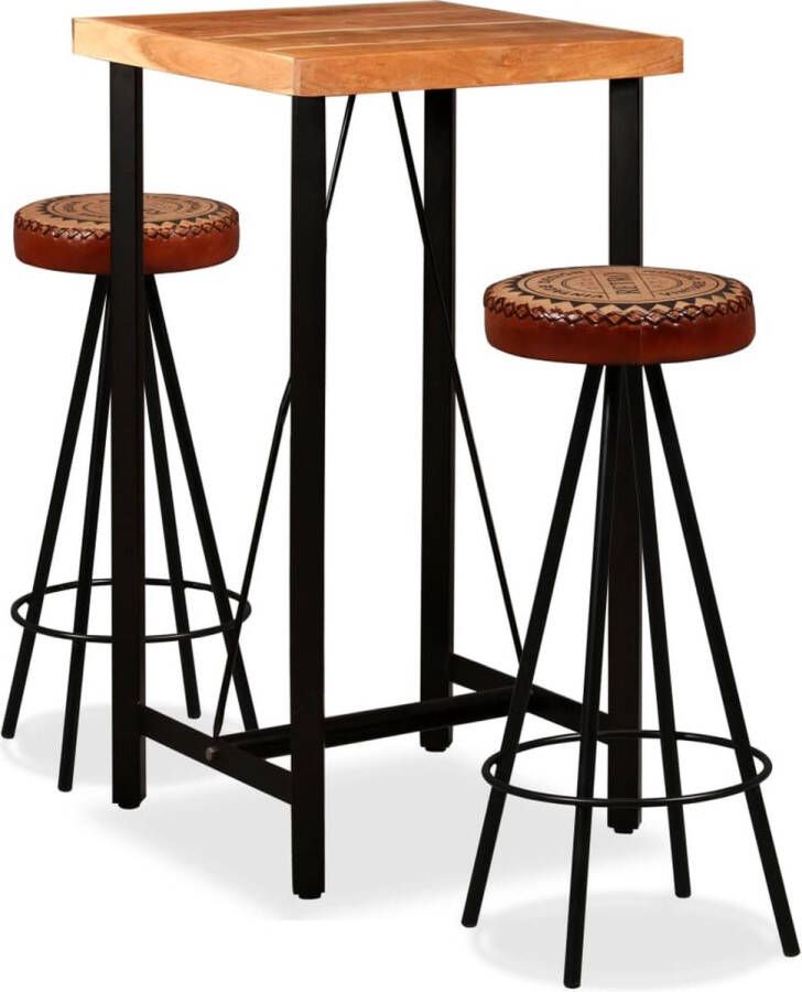 The Living Store IndustriÃle Bartafelset Massief acaciahout 60x60x107 cm Echt leer en canvas barkrukken 30x76 cm Inclusief montage Bruin en zwart Bartafel Industrieel Meubilair Houten Bartafel Leren Barkruk Acaciahout - Foto 2