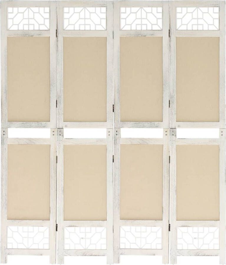 The Living Store Kamerscherm 4 panelen 140 x 165 cm Vrijstaand Crème en wit Paulowniahout+MDF+stof Kamerscherm Scheidingswand Privacy Screen Stoffen Kamerscherm Vierpanelen Kamerscherm