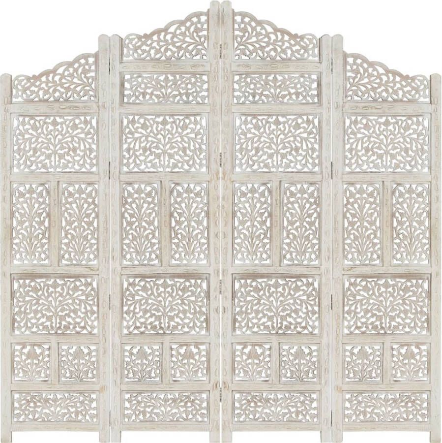 The Living Store Kamerscherm met 4 panelen handgesneden 160x165 cm mangohout wit Kamerscherm Privacy Screen Wandafscheider Houten Scherm Mangohout
