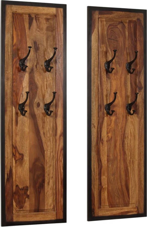 The Living Store Kapstok Retro Sheeshamhout 35 x 110 cm Massief Houten Kapstok met 4 Haken (Set van 2) Kapstok Retro Kapstok Sheeshamhout Kapstok Houten Kapstok Vintage Kapstok