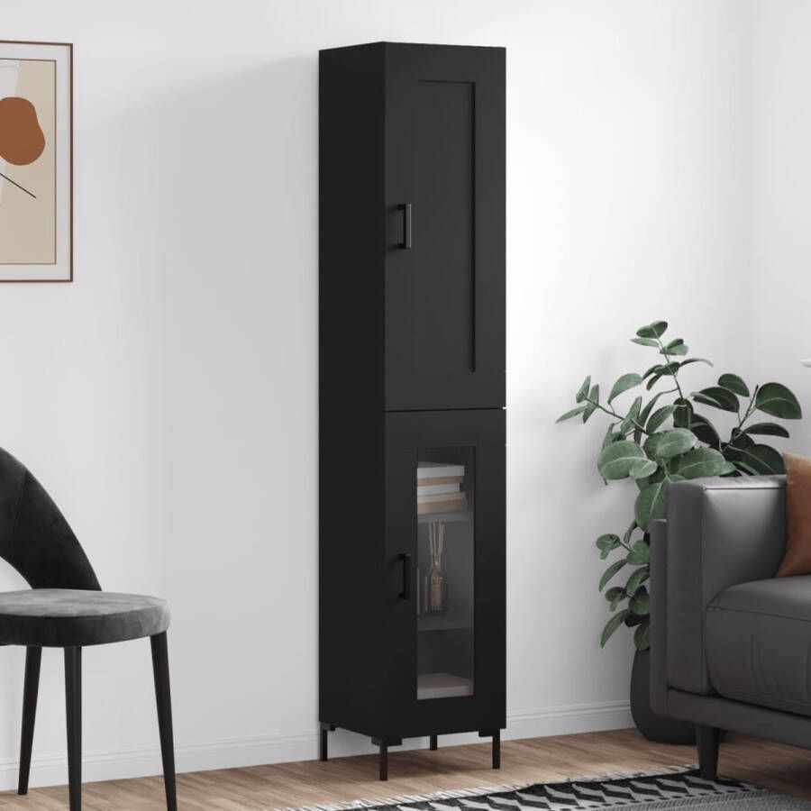 The Living Store Hoge kast 34 5x34x180 cm bewerkt hout zwart Hoge Kast Houten Kast Zwarte Kast Opslagoplossing - Foto 2