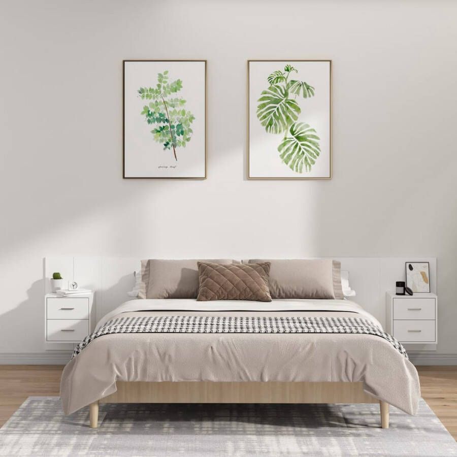 The Living Store Nachtkastjes en Hoofdbord Wandmontage Ontwerp Opbergruimte Stevig Materiaal Wit 48.5 x 32.5 x 80 cm 240 x 1.5 x 80 cm Montage vereist 2x nachtkastje 1x hoofdbord - Foto 1