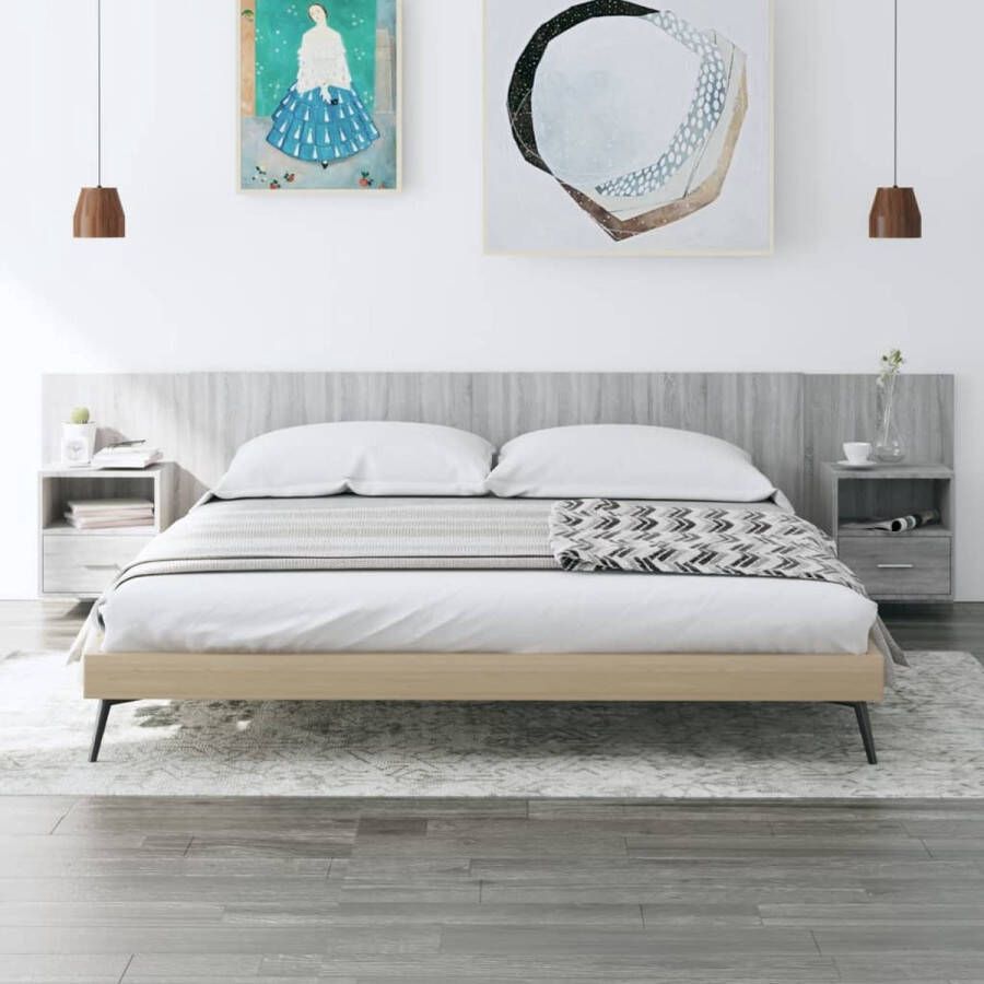 The Living Store Klassiek Hoofdbord Grijs Sonoma Eiken Wandmontage Opbergruimte Stevig Hout 48.5 x 32.5 x 80 cm Montage vereist 2 Nachtkastjes