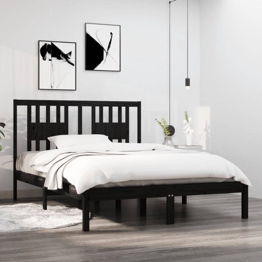 The Living Store Bedframe massief hout zwart 135x190 cm 4FT6 Double Bedframe Bedframes Tweepersoonsbed Bed Bedombouw Dubbel Bed Frame Bed Frame Ledikant Houten Bedframe Tweepersoonsbedden