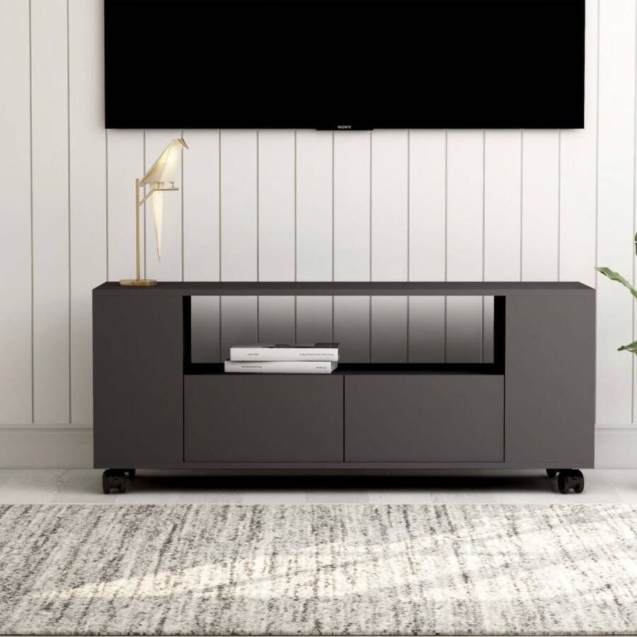 The Living Store Klassiek TV-meubel 120 x 35 x 48 cm Bewerkt hout Grijs Met 2 lades zijvakken en open schap - Foto 2