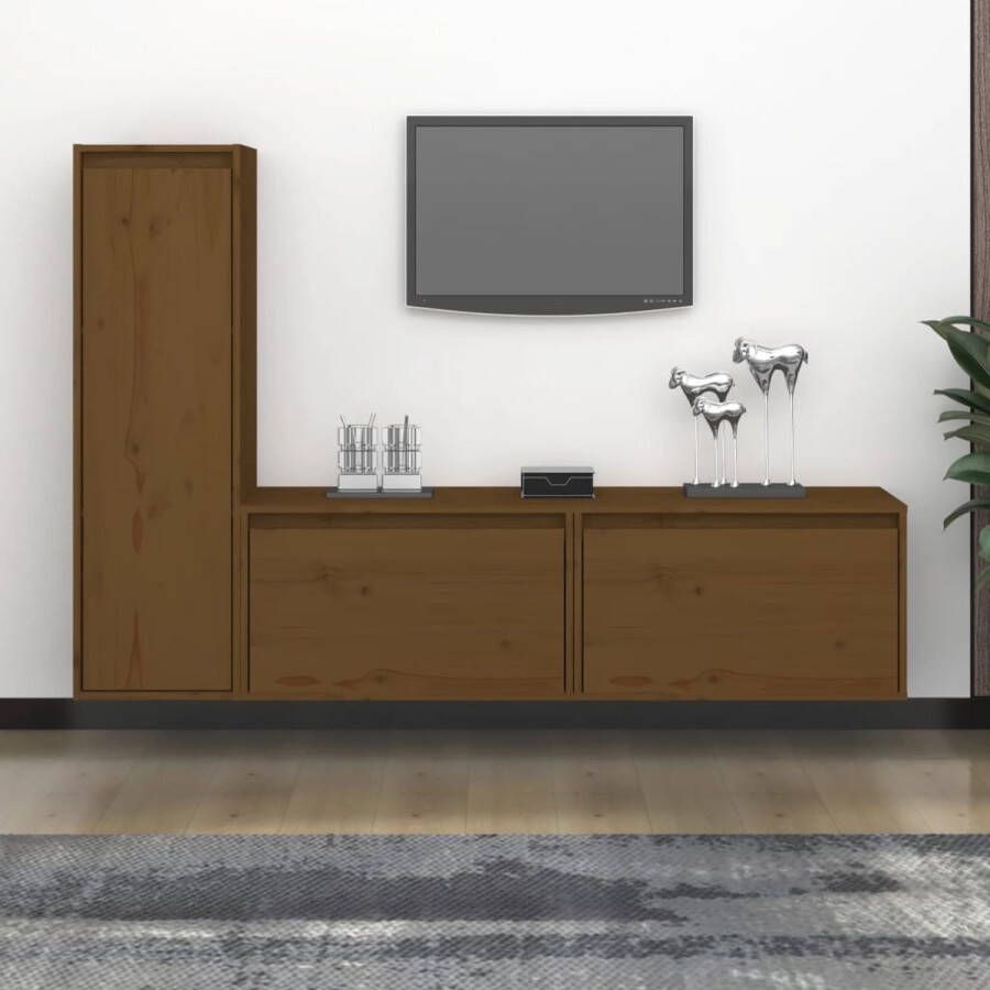 The Living Store TV-meubel Grenenhout 2 stuks 60x30x35cm 1 stuk 30x30x100cm Honingbruin Montage vereist - Foto 2